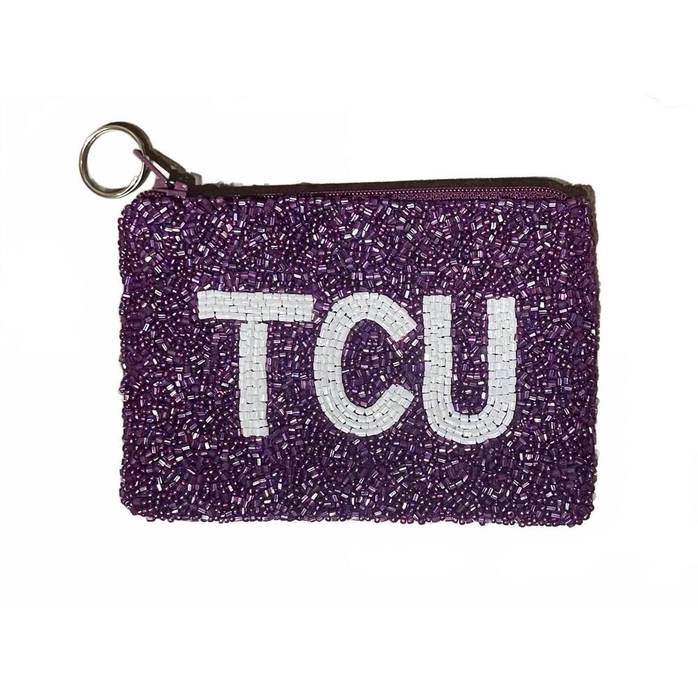 NEW TIANA tcu beaded small coin purse in purple/white